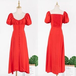 NEW Bright Red Button Front Puff Sleeve A-line Maxi Dress w/ Front Slit
